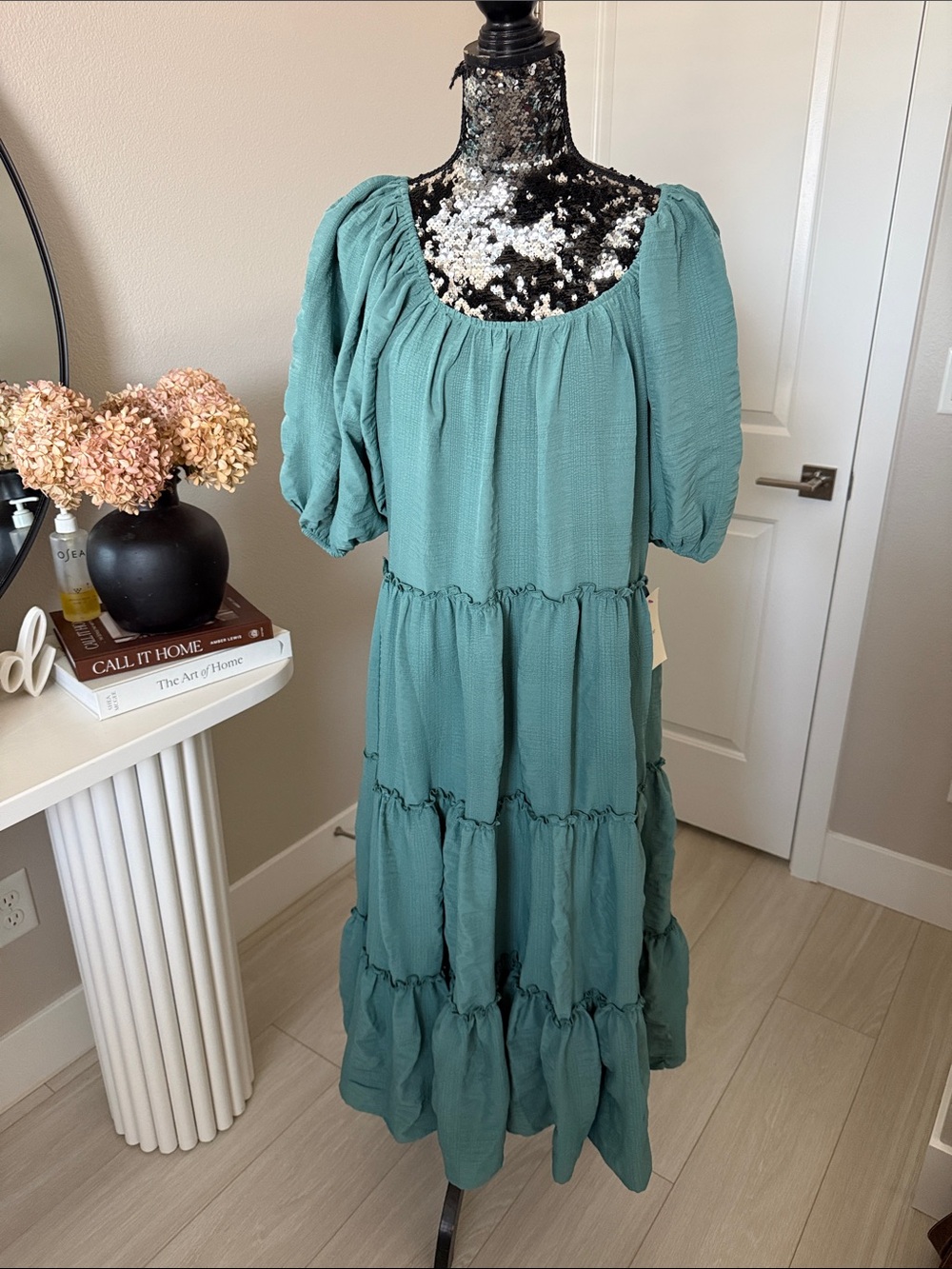 bohme Teal Tiered Puff-Sleeve Maxi Dress